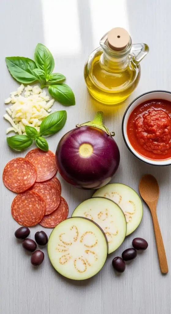 Fresh ingredients for Crispy Air Fryer Eggplant Pizzas.