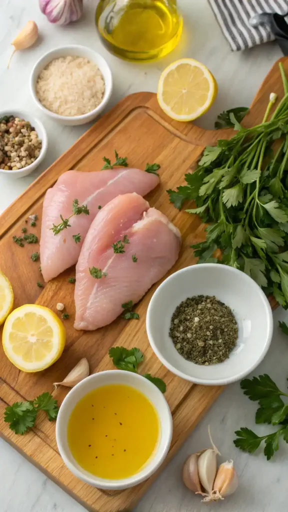 Ingredients for Greek Style Mediterranean Grilled Chicken Tenders.