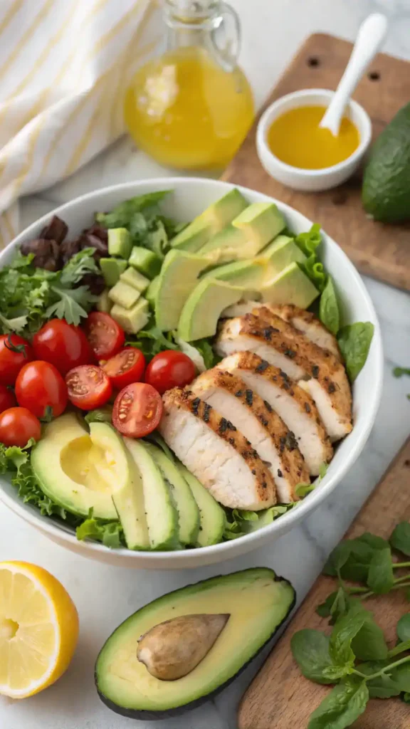 Ingredients for Grilled Chicken Avocado Salad Bowl