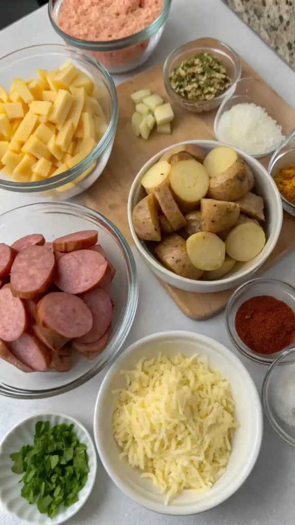 Ingredients for Kielbasa Sausage Cheesy Potato Casserole