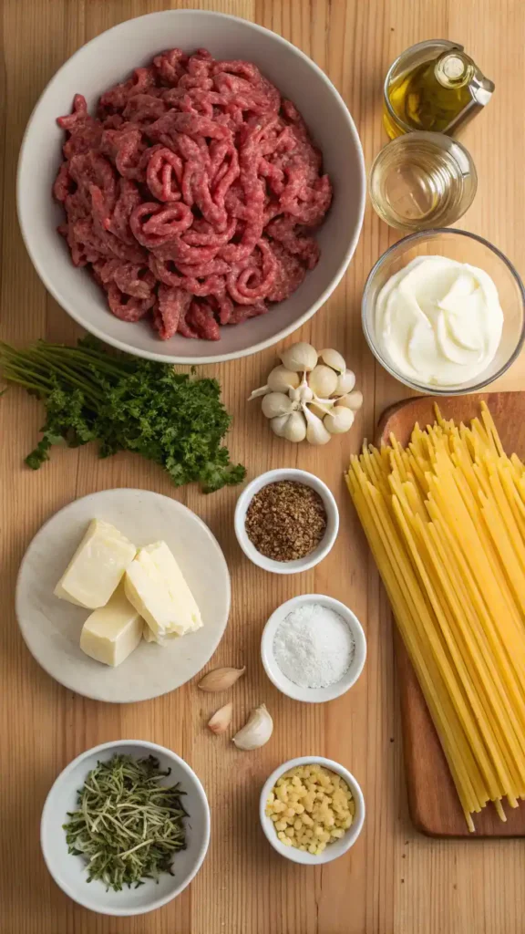 Ingredients for One-Pot Creamy Beef and Garlic Butter Pasta
