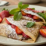 A delicious plate of Nutella Crepes with Strawberries, garnished with powdered sugar and fresh mint leaves.