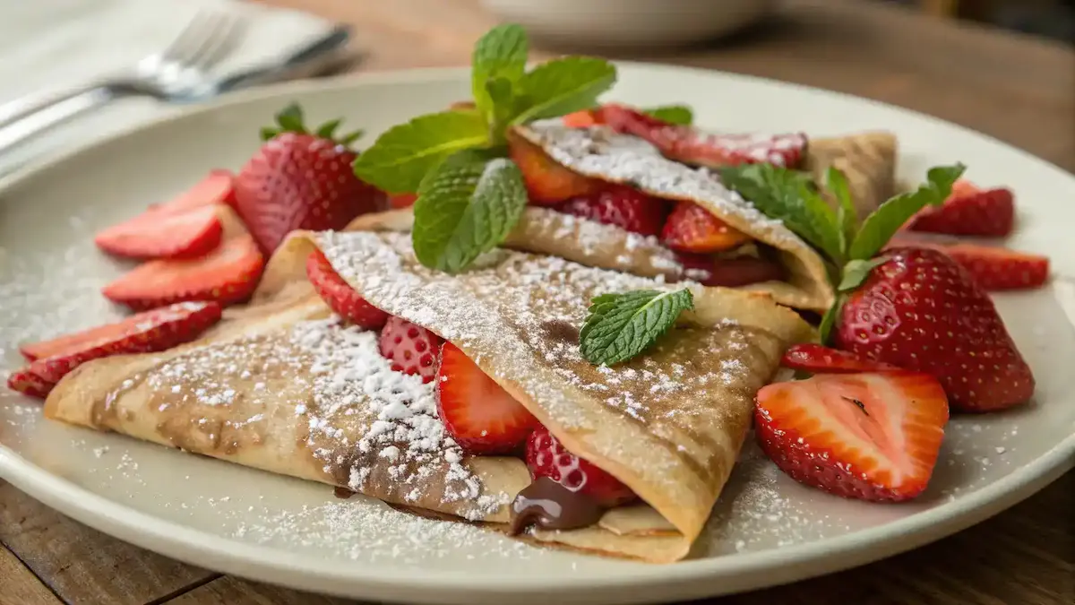 A delicious plate of Nutella Crepes with Strawberries, garnished with powdered sugar and fresh mint leaves.