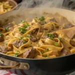One-Pot Creamy Beef and Garlic Butter Pasta in a pot