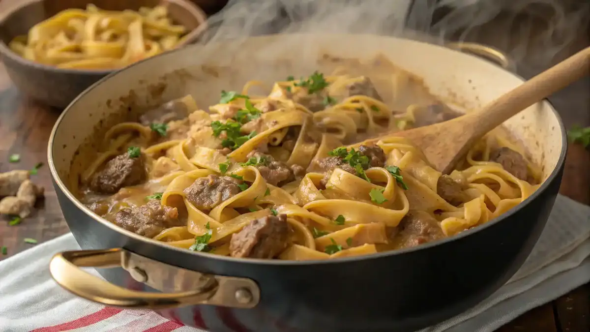 One-Pot Creamy Beef and Garlic Butter Pasta in a pot