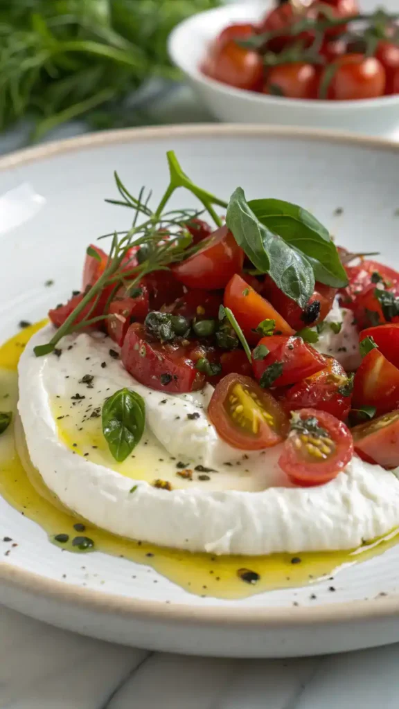 Plated Whipped Cottage Cheese and Marinated Tomatoes