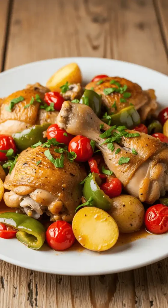 Plated Zesty Chicken Scarpariello with garnish.