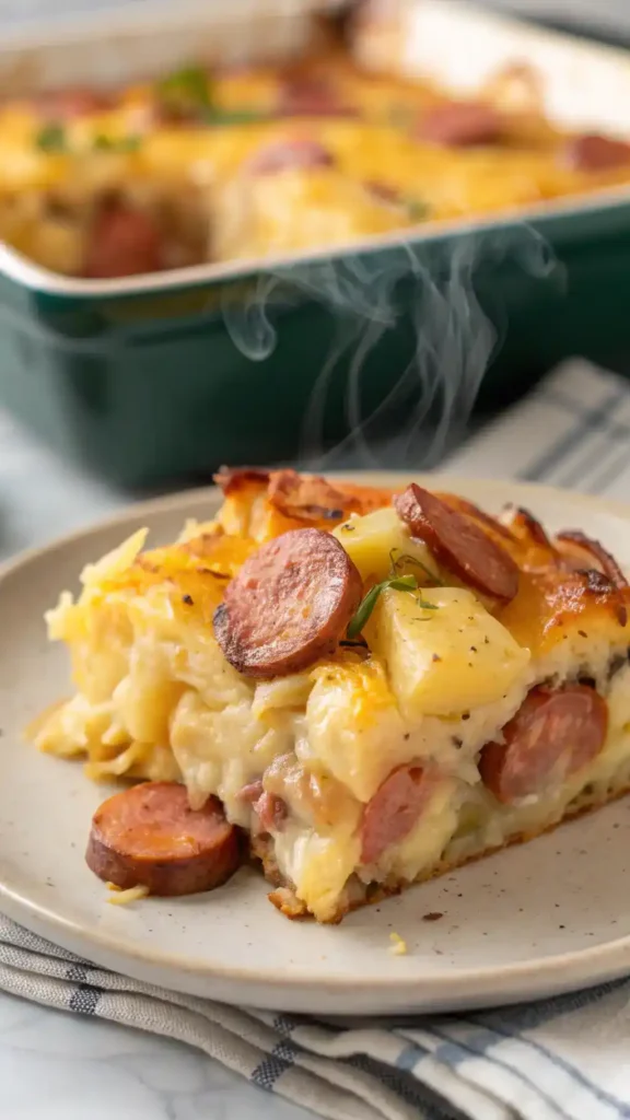 Serving of Kielbasa Sausage Cheesy Potato Casserole