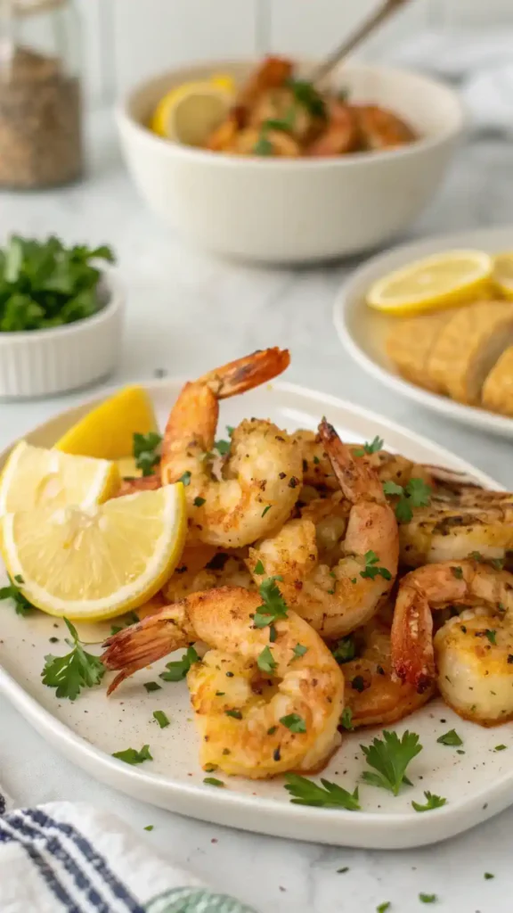 Plated Air Fryer Lemon Pepper Shrimp.