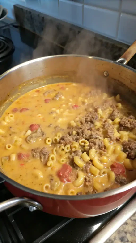 Creamy One-Pot Cheeseburger Macaroni Soup cooking in a pot