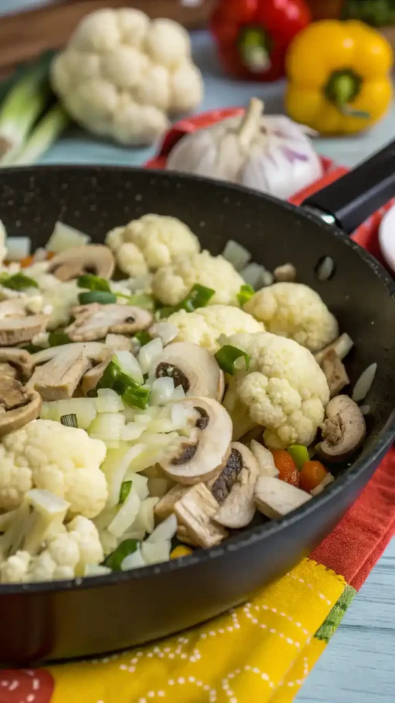 Garlic Cauliflower and Mushrooms being sautéed in a skillet.