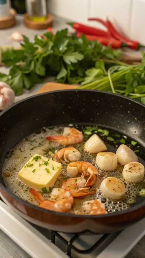 Cooking Seafood Garlic Butter Sauce in a skillet.