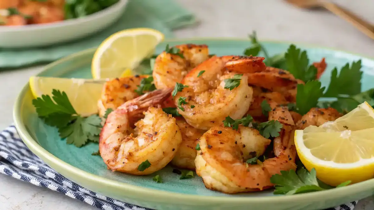 Air Fryer Lemon Pepper Shrimp served with parsley and lemon.