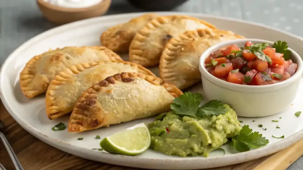Baked Chicken Empanadas on a plate with dipping sauces