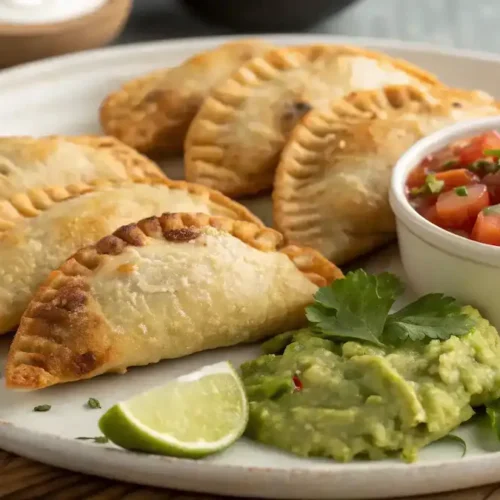 Baked Chicken Empanadas on a plate with dipping sauces