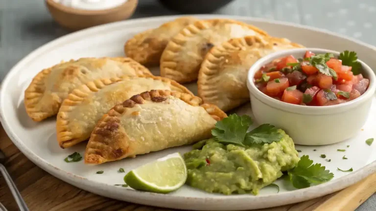 Baked Chicken Empanadas on a plate with dipping sauces