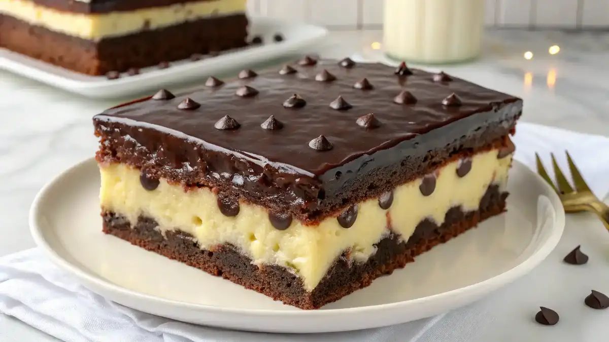 A beautifully presented Boston Cream Poke Cake with layers of vanilla cake, creamy pudding, and chocolate glaze.