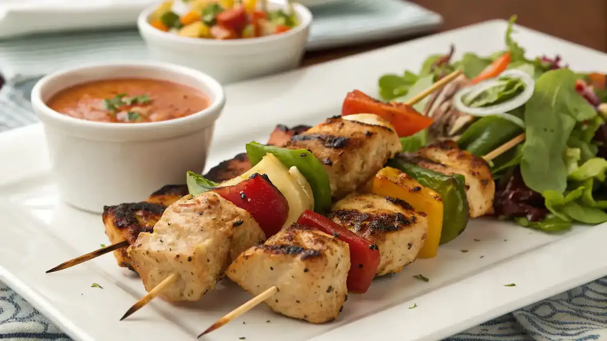Delicious Chicken Kebabs served with salad