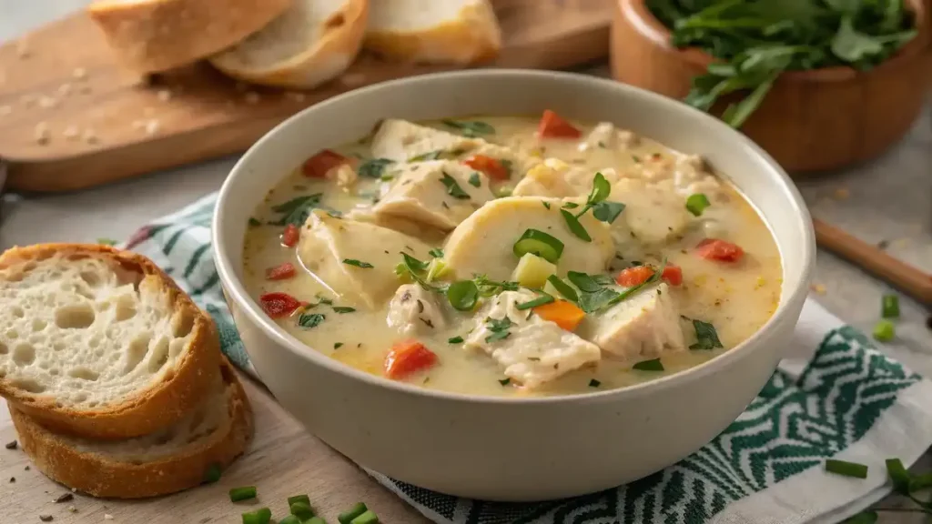 A bowl of Creamy Crock Pot Chicken Pierogi Stew garnished with parsley.