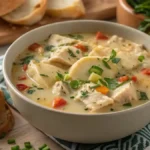 A bowl of Creamy Crock Pot Chicken Pierogi Stew garnished with parsley.