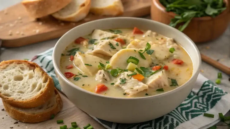A bowl of Creamy Crock Pot Chicken Pierogi Stew garnished with parsley.