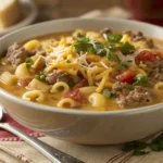 Bowl of Creamy One-Pot Cheeseburger Macaroni Soup