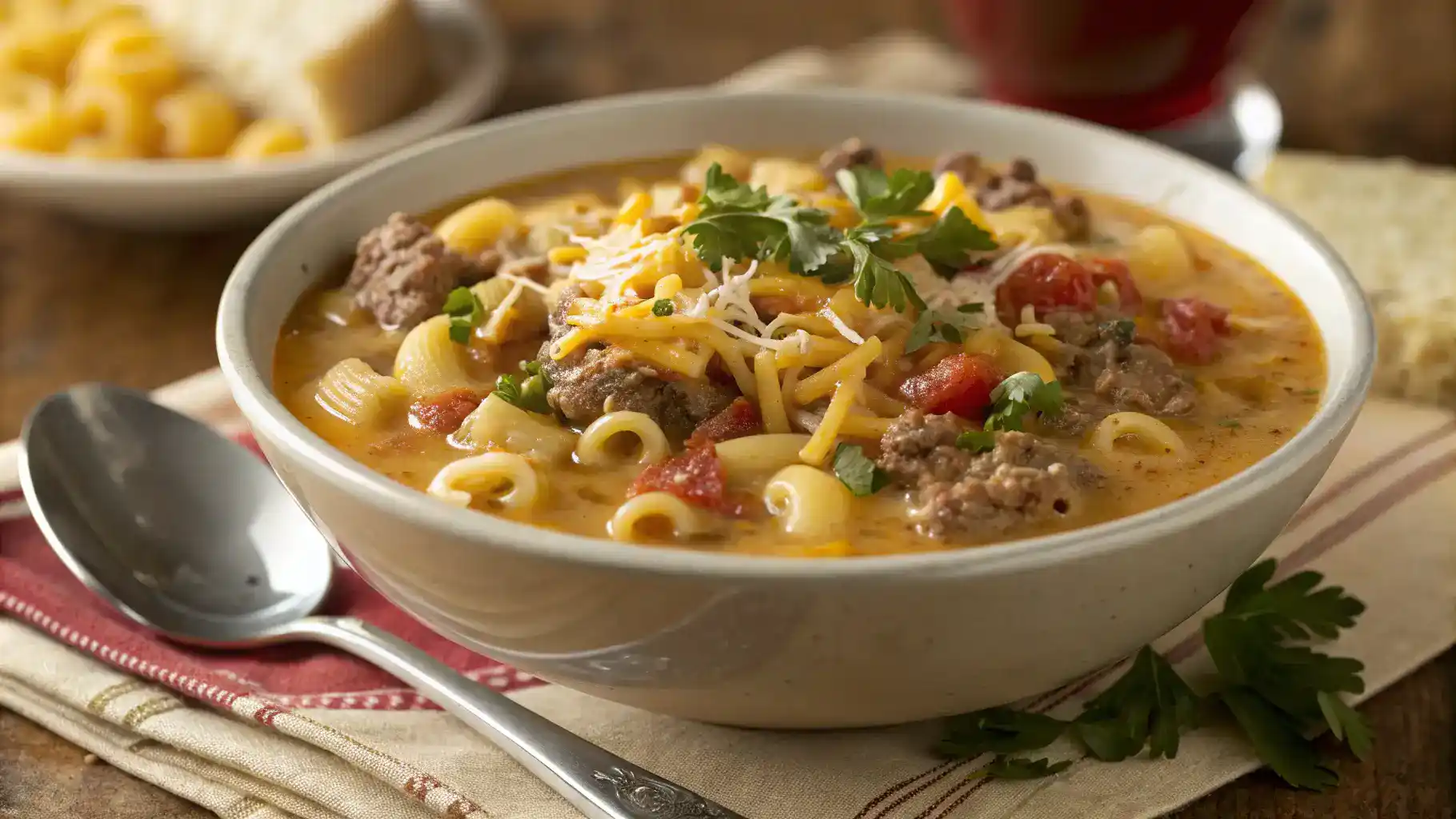 Bowl of Creamy One-Pot Cheeseburger Macaroni Soup