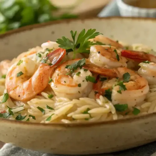 A beautifully plated dish of Creamy Tuscan Shrimp and Orzo, garnished with parsley.