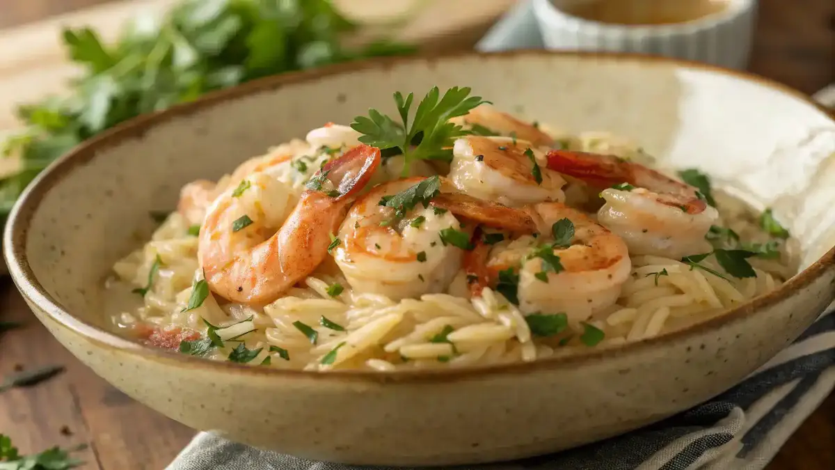 A beautifully plated dish of Creamy Tuscan Shrimp and Orzo, garnished with parsley.