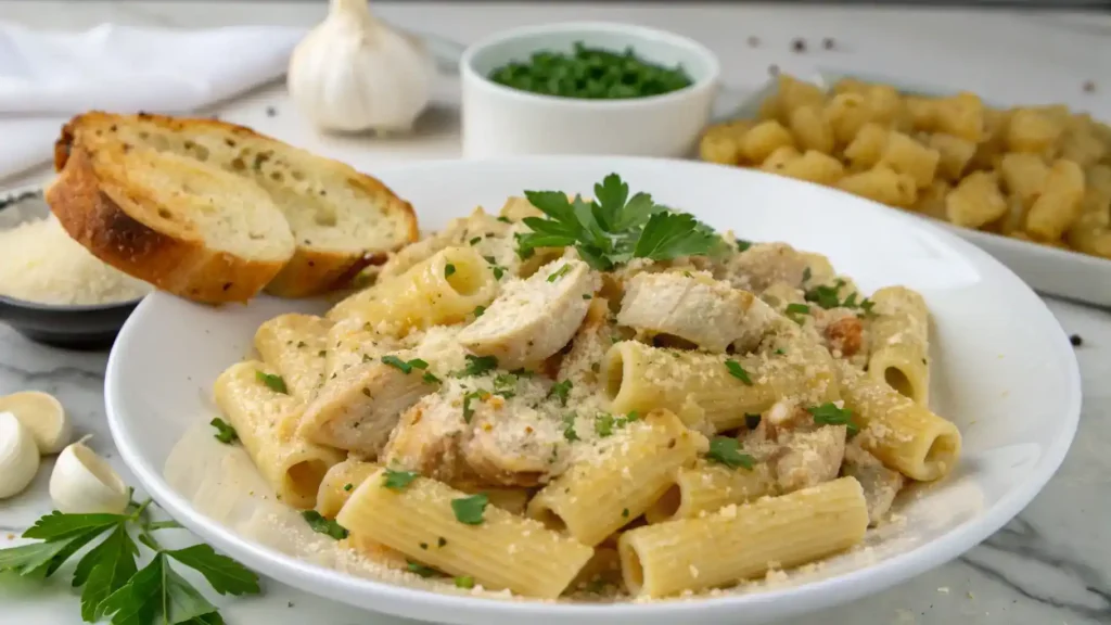 Plated Garlic Parmesan Chicken Rigatoni