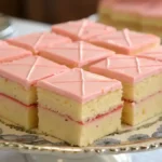 Deliciously cut Pink Vanilla Cake Squares on a decorative plate.