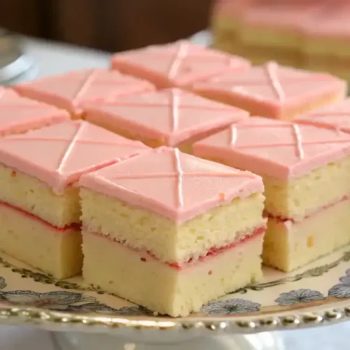 Deliciously cut Pink Vanilla Cake Squares on a decorative plate.
