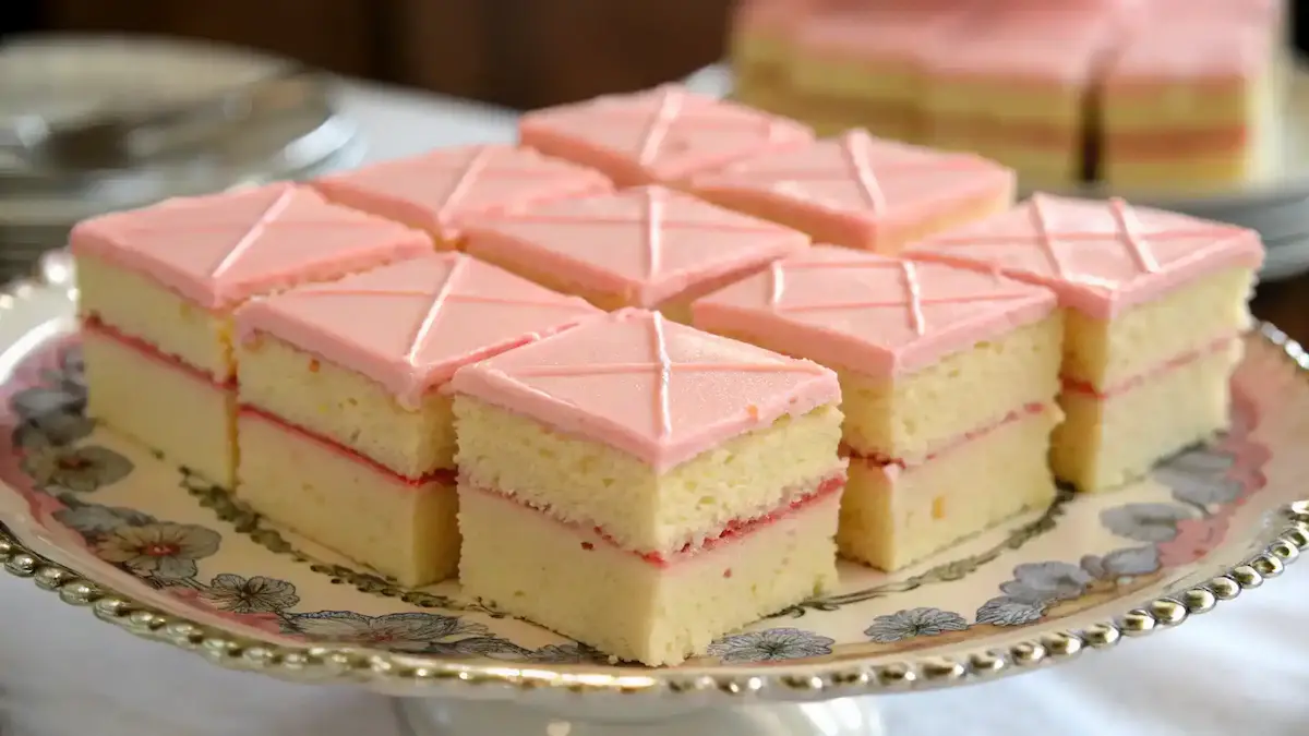 Deliciously cut Pink Vanilla Cake Squares on a decorative plate.