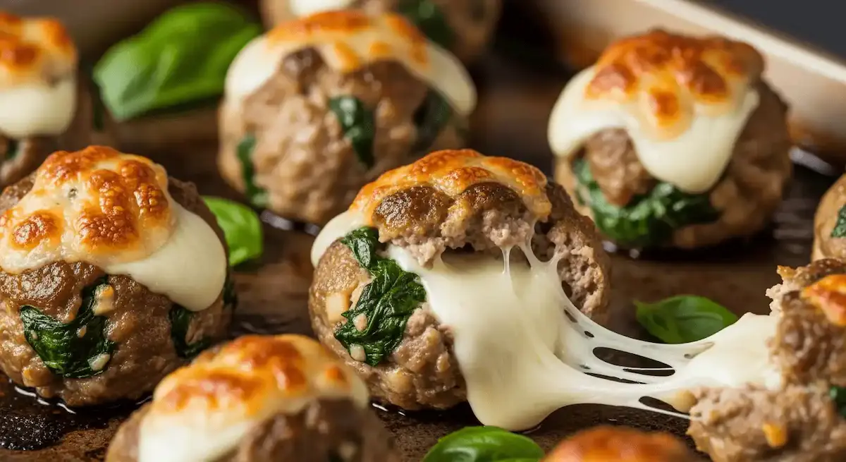 Baked Spinach Garlic Meatballs Stuffed with Mozzarella