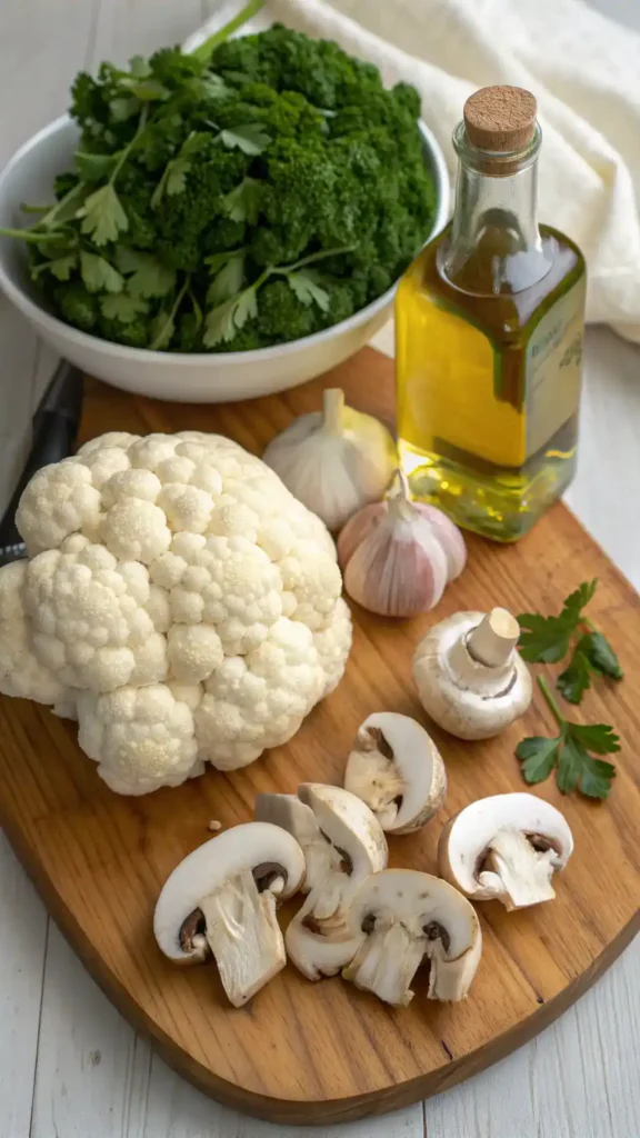 Ingredients for Garlic Cauliflower and Mushrooms Recipe.