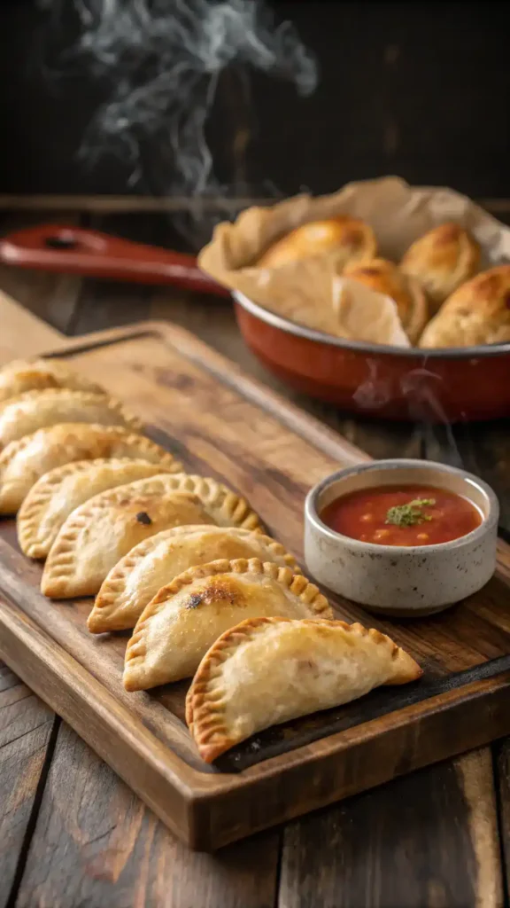 Freshly baked chicken empanadas on a rustic table