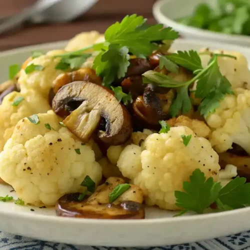 Final dish of Garlic Cauliflower and Mushrooms.