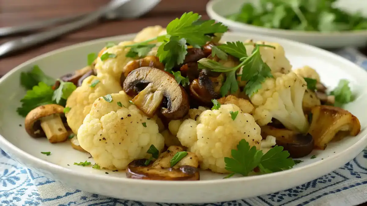 Final dish of Garlic Cauliflower and Mushrooms.
