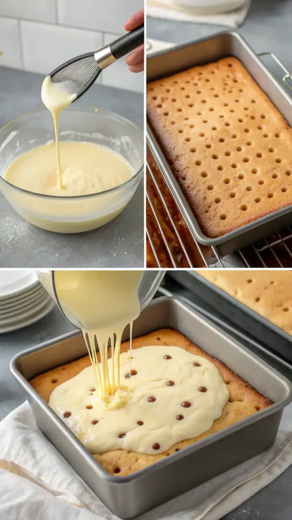 Step-by-step process of making Boston Cream Poke Cake, showing ingredients and preparation steps.