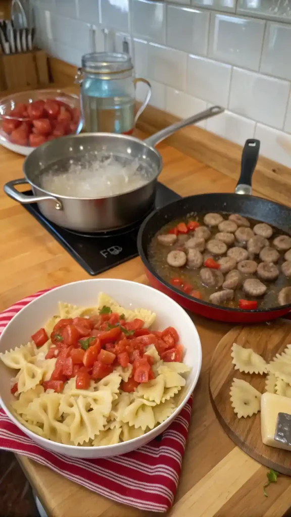 Step-by-step process of making Bow Ties with Sausage, Tomatoes, and Cream, featuring pasta cooking and sausage sautéing.