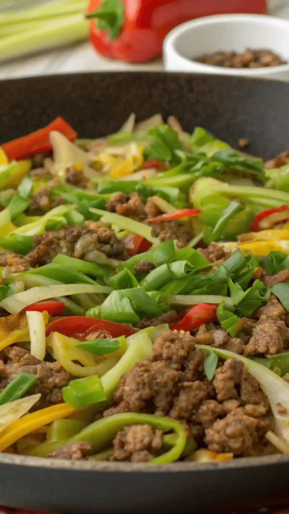 Chinese Ground Beef Cabbage stir-fry in a skillet