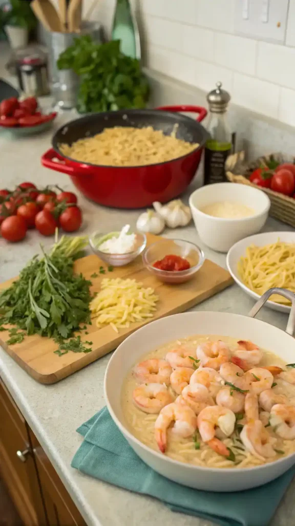 A step-by-step guide to making Creamy Tuscan Shrimp and Orzo, showcasing fresh ingredients and cooking process.