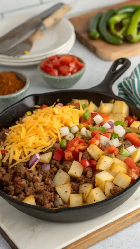 A vibrant Loaded Cheesy Taco Potato Skillet with diced potatoes, ground meat, and colorful vegetables.