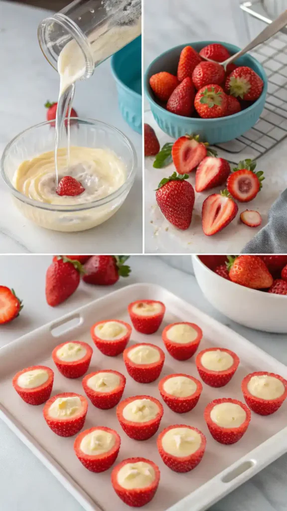 Step-by-step process of making Mini Cheesecake-Stuffed Strawberries