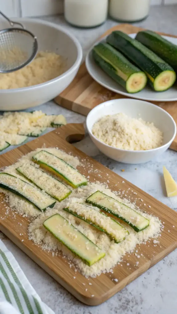 Step-by-step process of making Parmesan Garlic Zucchini Fries, including ingredients and preparation steps.