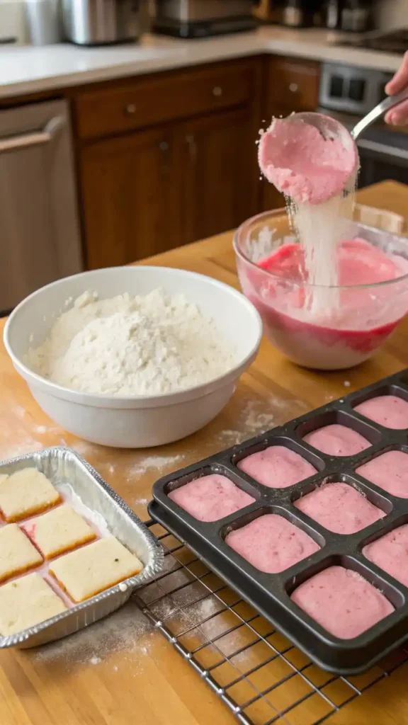 A step-by-step process of making Pink Vanilla Cake Squares with ingredients displayed.