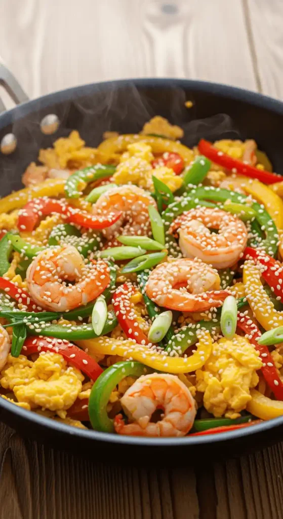 Shrimp And Egg Stir Fry in a skillet