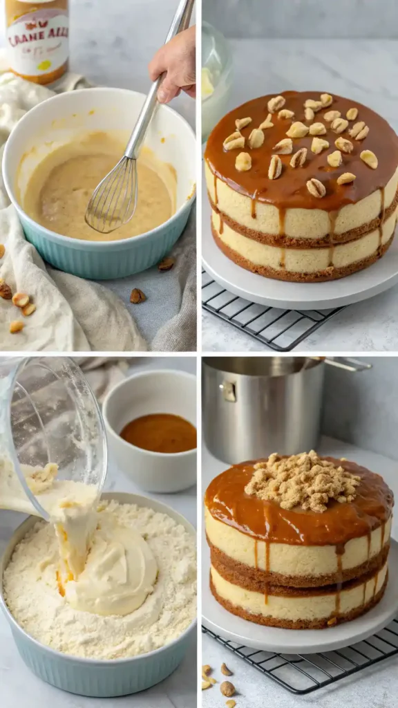 Step-by-step process of making Vanilla Caramel Delight Cake