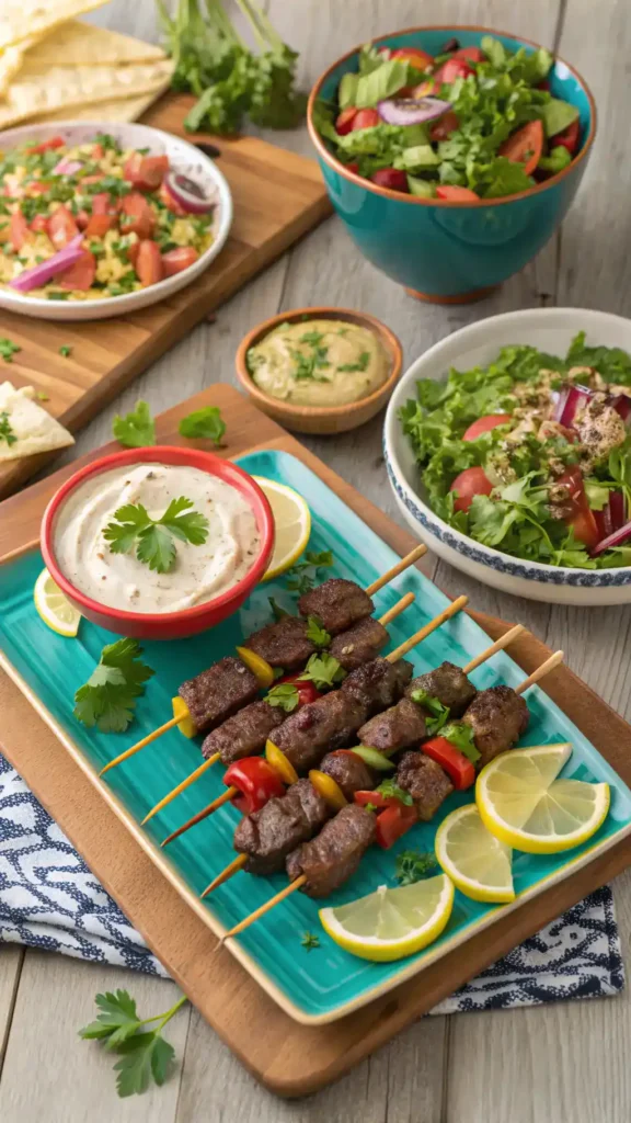 Serving suggestions for Mediterranean Grilled Beef Skewers.