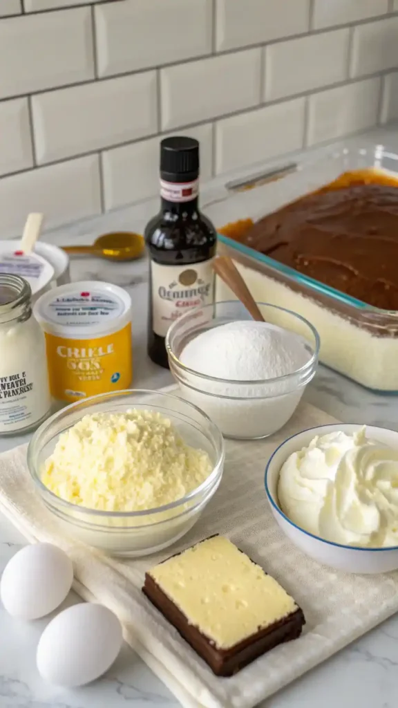 Ingredients for Boston Cream Poke Cake including yellow cake mix, eggs, and chocolate chips.
